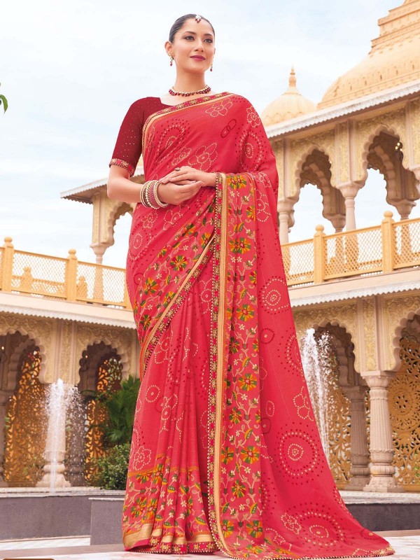 French Rose Georgette Chiffon Bandhani Print Saree